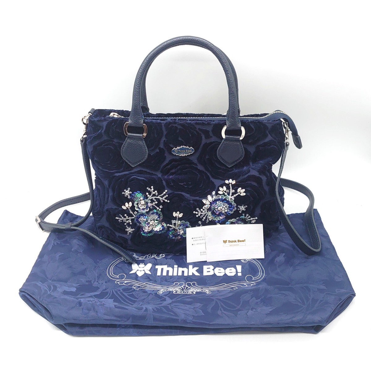Think Bee! シンクビー エジンバラブルー 2way ミニトートバッグ ビジュー ストーン スパンコール ネイビー ブランド ロゴ 美品 t-25x491