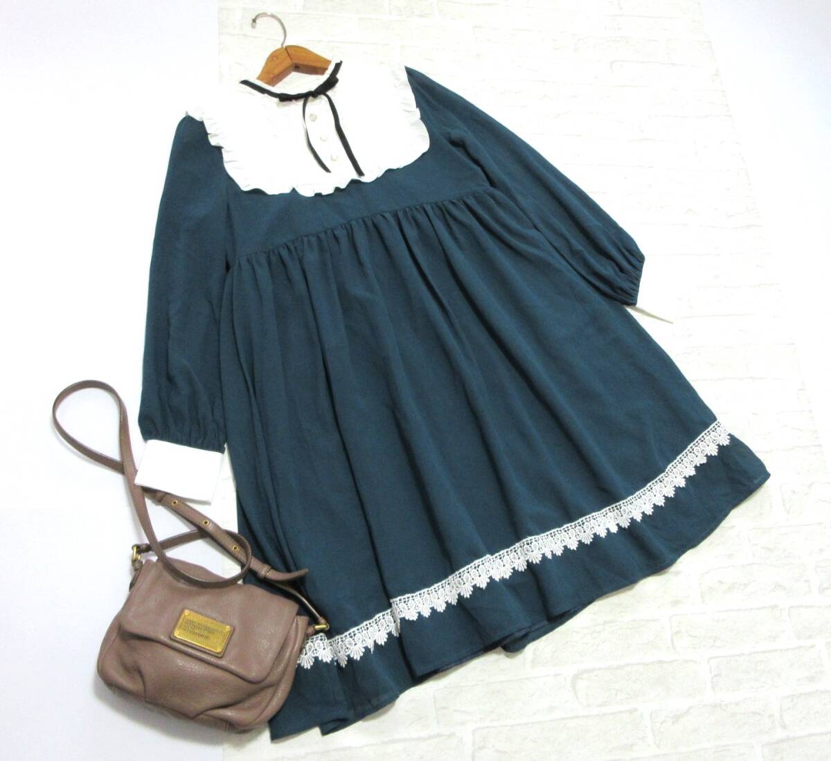 美品 送料込み axes femme kawaii アクシーズファムカワイイ ブルー グリーン ビブヨーク シフォン ワンピース ( ゆったり ラク 洗える )