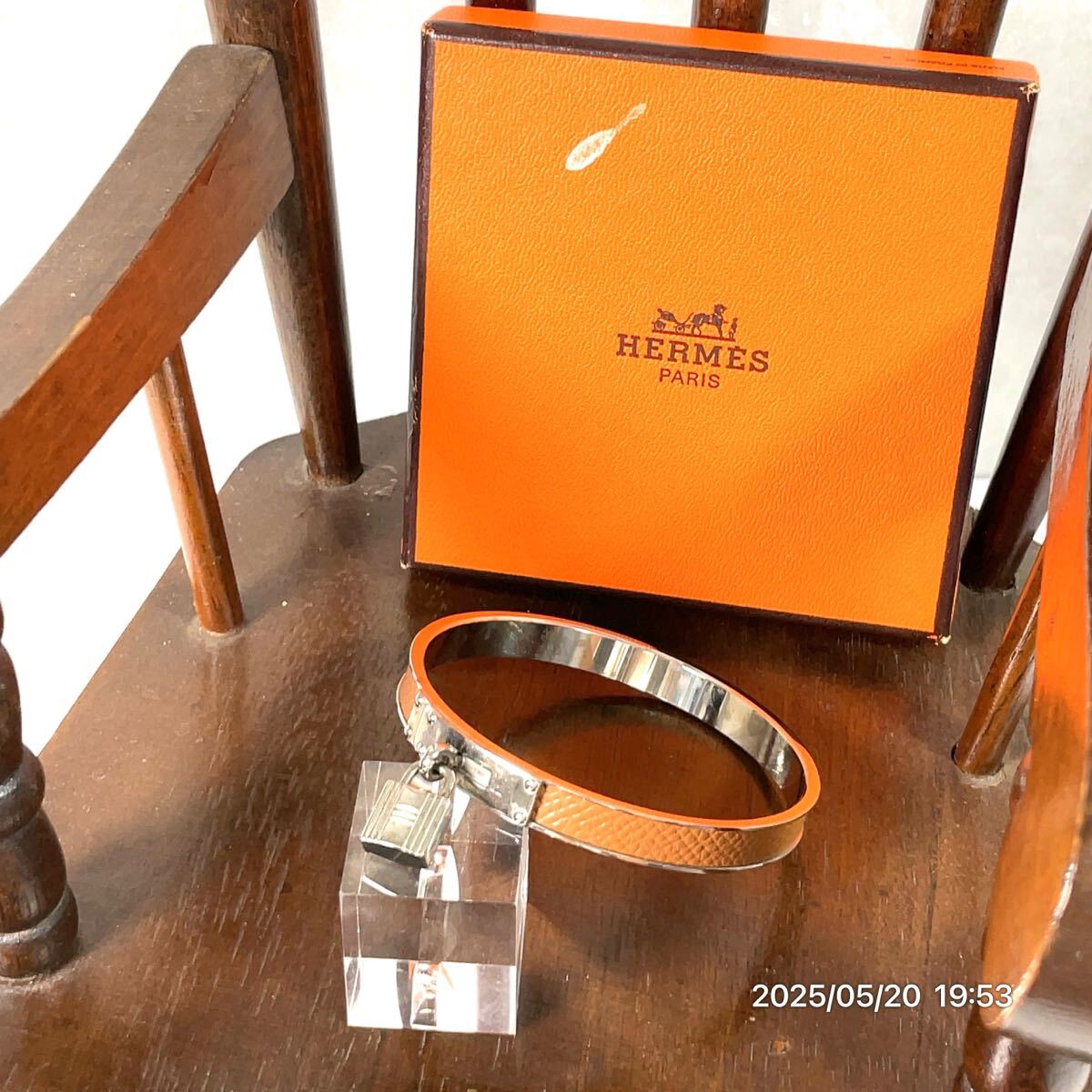 HERMES エルメス ケリー ブラウン×シルバーカラー レザー 革 カデナ バングル ブレスレット アクセサリー 装飾品 箱付き