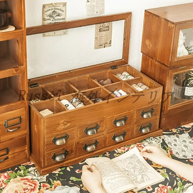 収納ボックス ヴィンテージ調 木製 引き出し付き 多層ガラス製 手芸用品 小物入れ 卓上 インテリア ナチュラル お洒落 収納家具 4-7