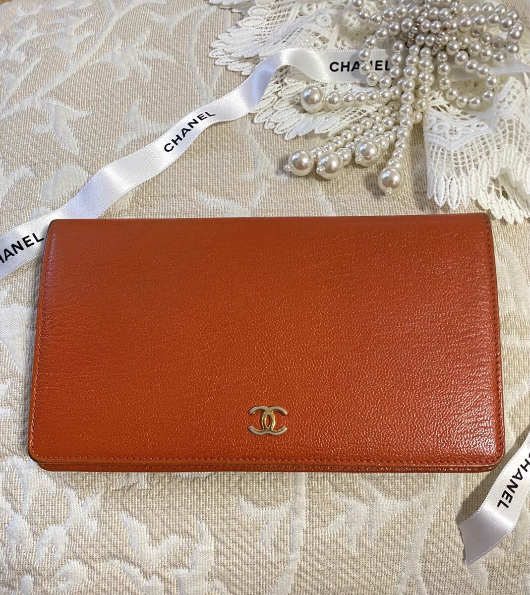 CHANEL シャネル 長財布 財布 ウォレット ココマーク レザー　オレンジ　ブランド財布　レザー小物　ハイブランド