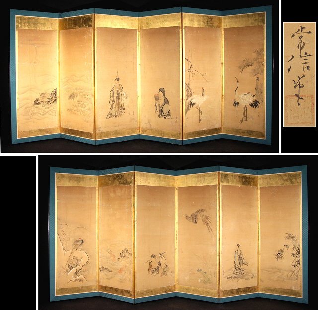 【模写】☆北斗☆江戸前期狩野派絵師　狩野常信　鶴亀仙人花鳥図屏風　六曲一双　江戸幕府御用絵師