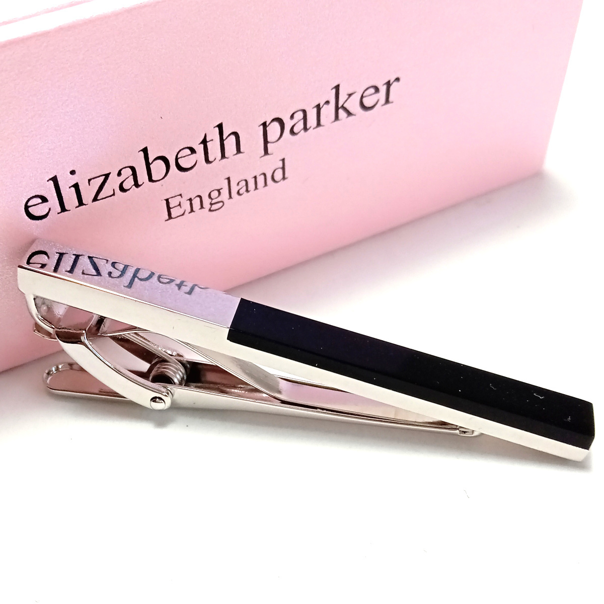 【ept41】英国製　ELIZABETH PARKER 　エリザベスパーカー　ネクタイピン　タイバー　カラータイピン　シルバー×ブラック　黒　新品