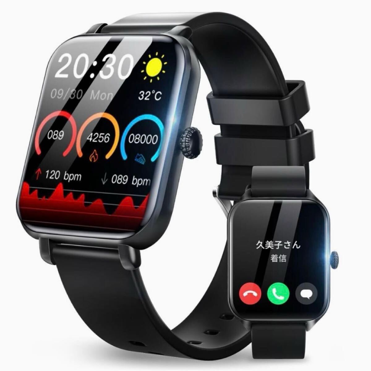 スマートウォッチ Bluetooth 通話機能 生理周期リマインダー 電卓 iPhone対応 Android対応 防水 活動量計 大画面 Siri IP68防水 ブラック