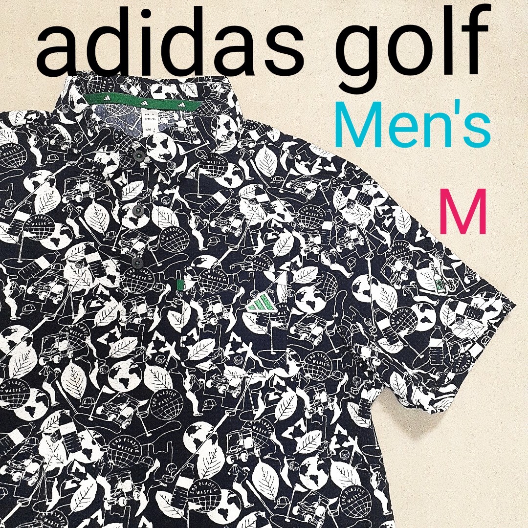 【超美品】adidas golf アディダスゴルフ　メンズM　サッカー生地　半袖シャツ ゴルフシャツ　ゴルフウェア サラサラ　軽量 涼しい 総柄