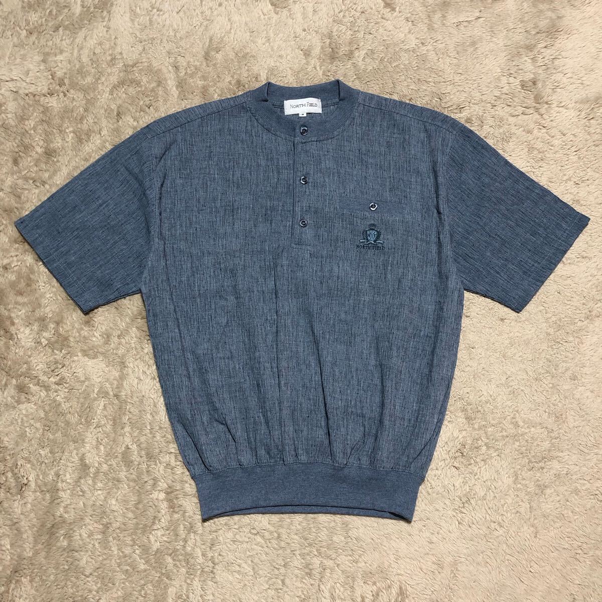 メンズ　NORTH FIELD 胸ポケット付　麻混　お洒落　プルオーバー　半袖シャツ　紺系　M 美品