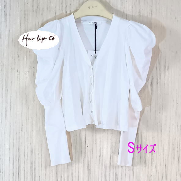【タグ付き】Cropped Puff Sleeve Knit Top　カ－ディガン　長袖　パフスリ－ブ　off white　Her lip to　Sサイズ