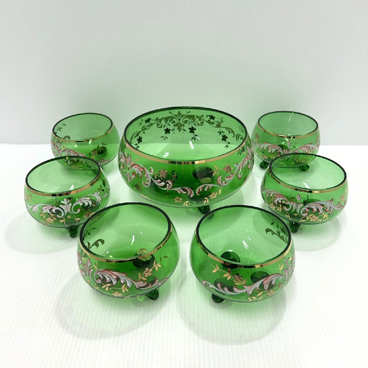 BOHEMIA ボヘミア ガラスポット 大×1 小×6客セット ガラス製 グリーン 金彩 花柄 サラダボウル フルーツボウル チェコ 三つ足【道楽札幌