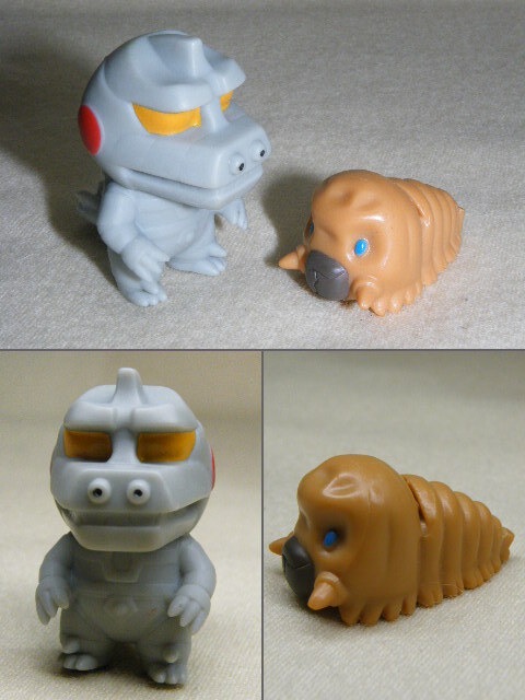 x品名x メカゴジラ+モスラ幼虫ミニ ソフビな感じ?フィギュア人形=2点(2個2体)まとめ売りセット♪ゴジラ特撮デフォルメ怪獣キャラクター玩具