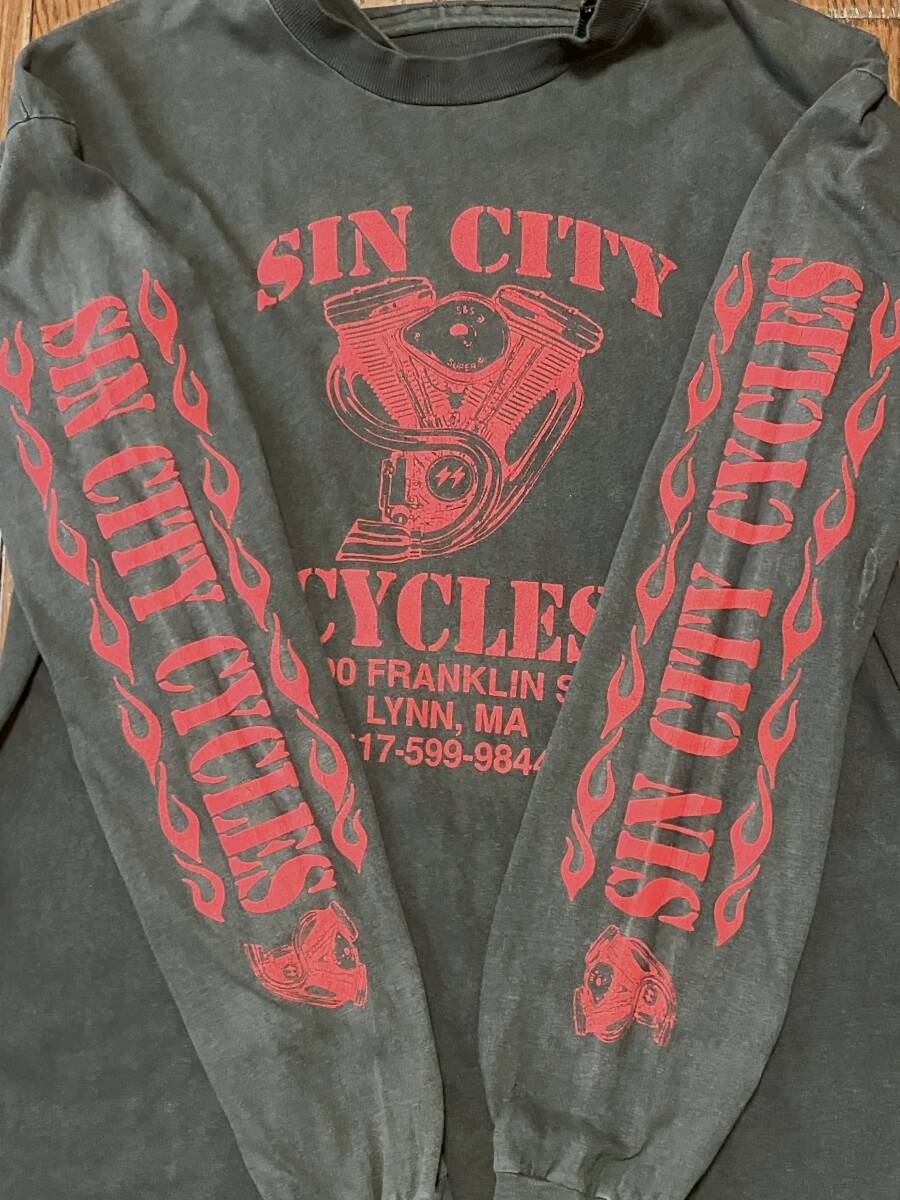 ビンテージ シンシティサイクルズ SINCITY CYCLES 長袖 Tシャツ M 黒 フェード ブラック アメリカ製生地 裾シングルステッチ 袖プリ ロンT