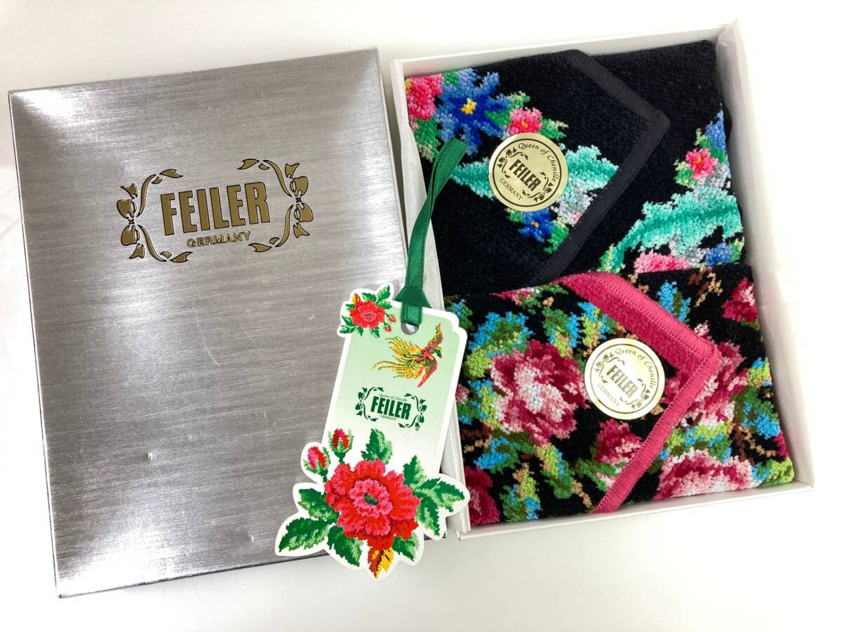 未使用　フェイラー FEILER　フラワー/花　タオルハンカチ ハンドタオル　2点セット　綿100％　ブラック×ブルー系　レッド系　YZ-741