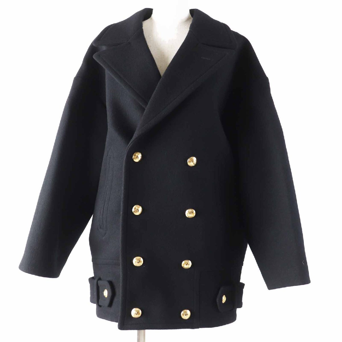 未使用品◎CELINE セリーヌ 2M06A814E ウール トリオンフ金ボタン エッグシェイプ ピーコート ブラック 36 イタリア製 正規品 レディース