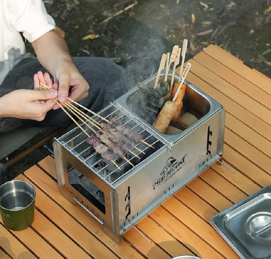 超高品質バーベキューコンロ おでん鍋 卓上BBQ組立式ステンレス製炭グリルポータブル キャップ アウトドア 3kg 収納付き 19.5×32.5×18.4m