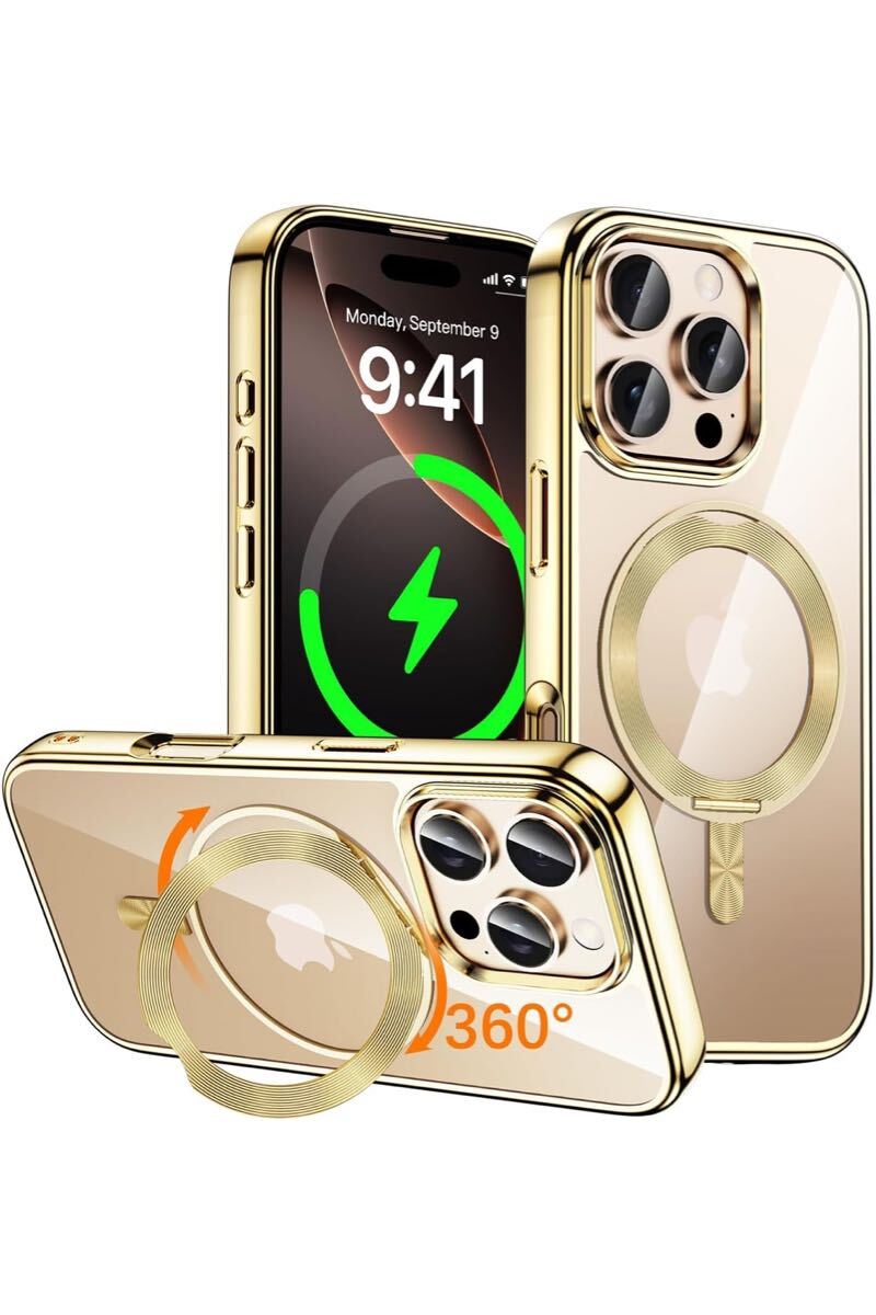 iPhone 16 Pro Max 用 ケース MagSafe対応 CDリング 360°回転スタンド 縦横両対応 真空メッキバンパー 6.9インチ 「ゴールド」