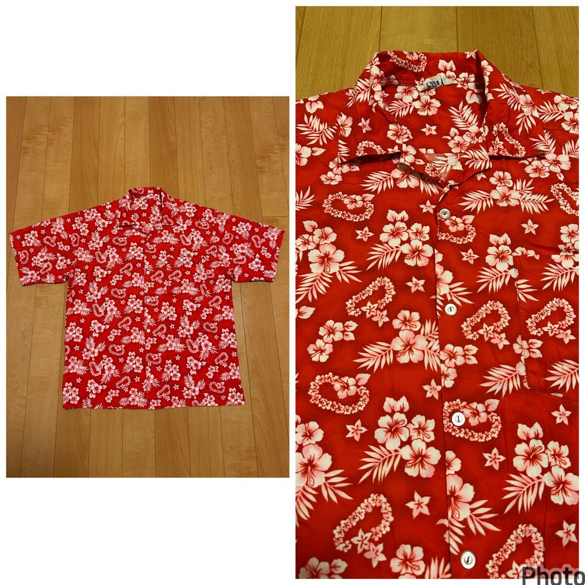 良品☆OKINAWA製／琉球の里　メンズサイズL大き目 半袖開襟アロハシャツ.かりゆしウェア　全面ぼかし.花&葉っぱ総柄 沖縄日本 ハワイアン