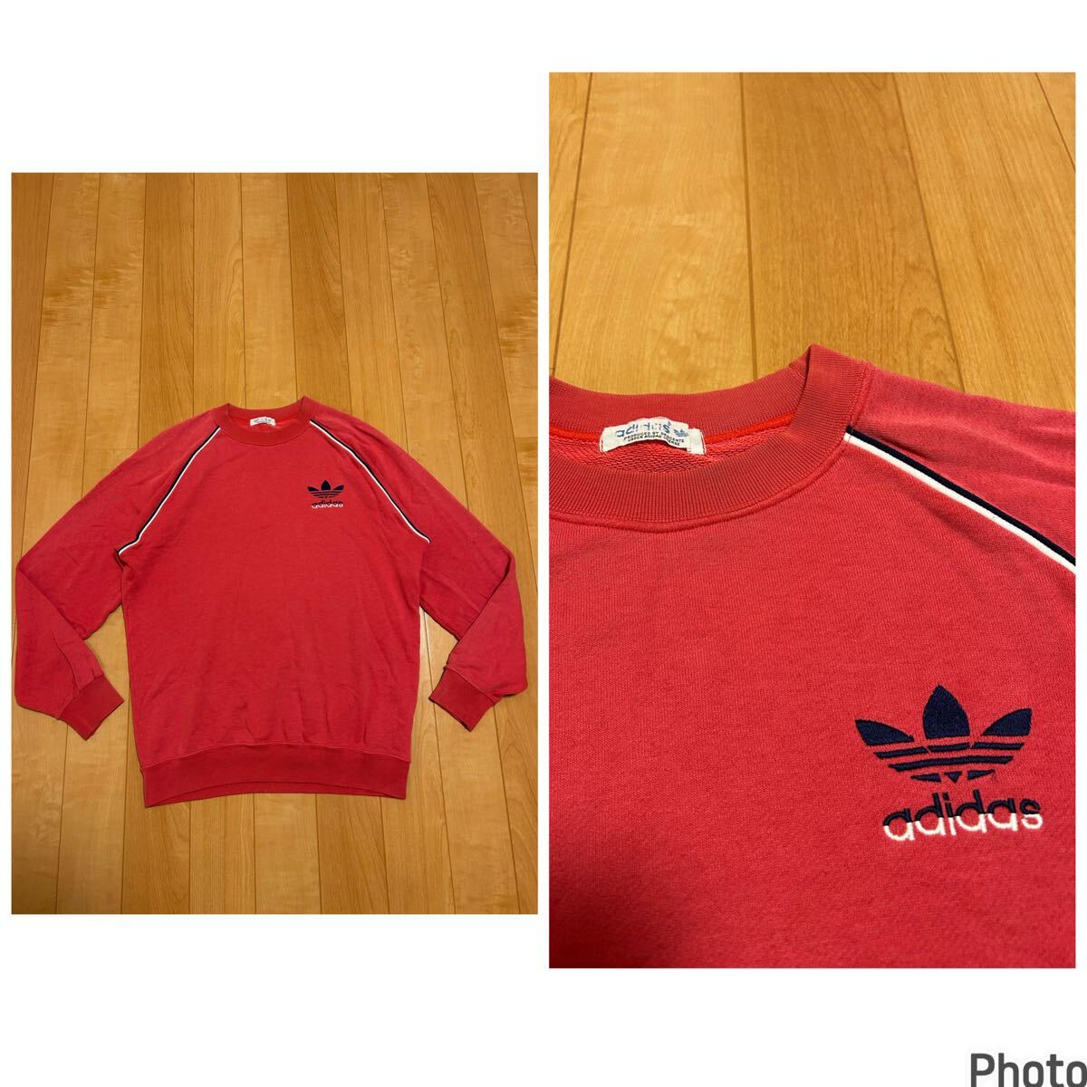 良品☆Rare！70-80sデサント／アディダス 希少サイズL並　裏パイル地/ビンテージラグランスウェット BIG三つ葉ロゴ刺繍入&グッドフェード！