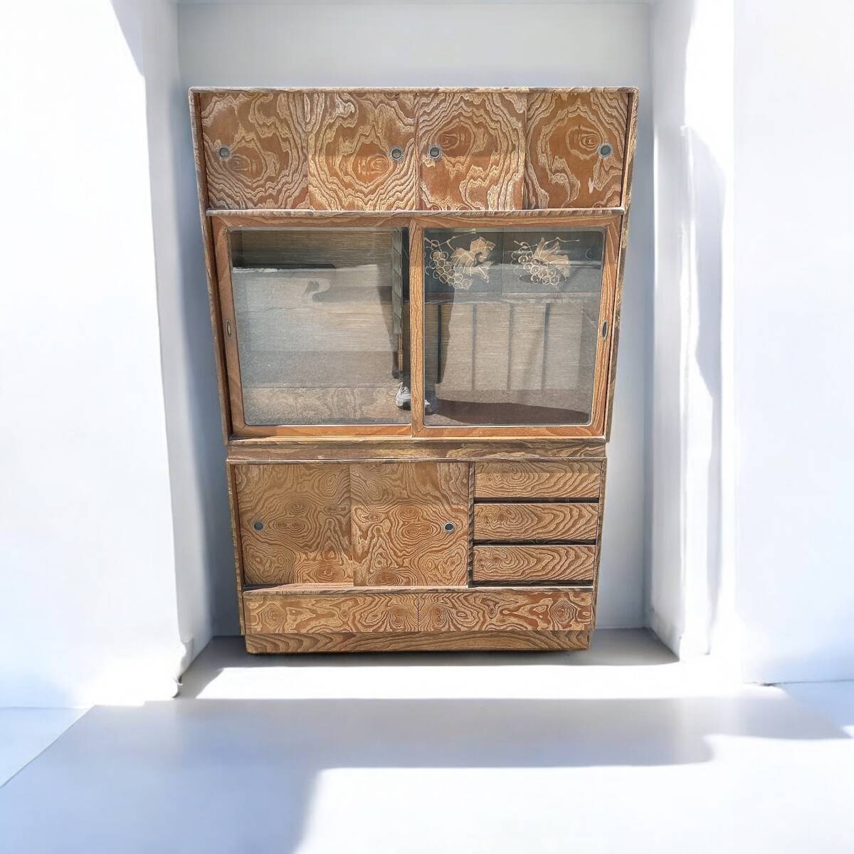 茶棚 飾り棚 食器棚 上下 二分割 和家具 和室 古民家 伝統工芸 和モダン アンティーク 昭和レトロ 希少 レア 当時物 引取歓迎 家財便