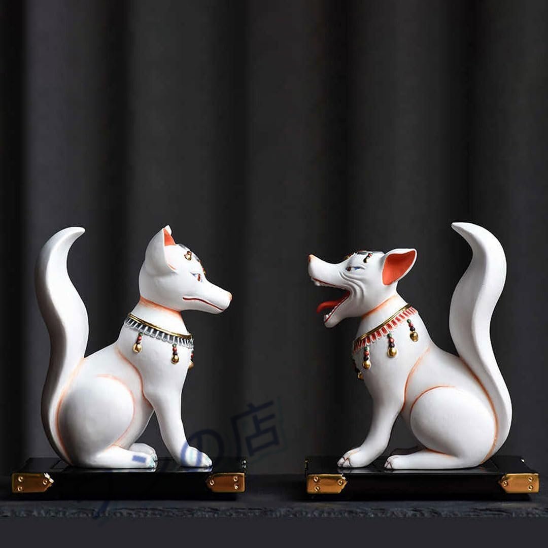 神具・稲荷社【桧木製眷属像：稲荷・狐 総高17cm（一対）】稲荷神の神使 白狐 稲荷大明神 稲荷宮 お稲荷さん 四角台座付 彩切金