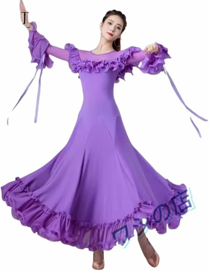 社交ダンス 練習着 ドレス 立体フリル フロント付き モダンダンス衣装 スタンダード ドレス 社交ダンス ワンピース フラメンコ ドレス 社交