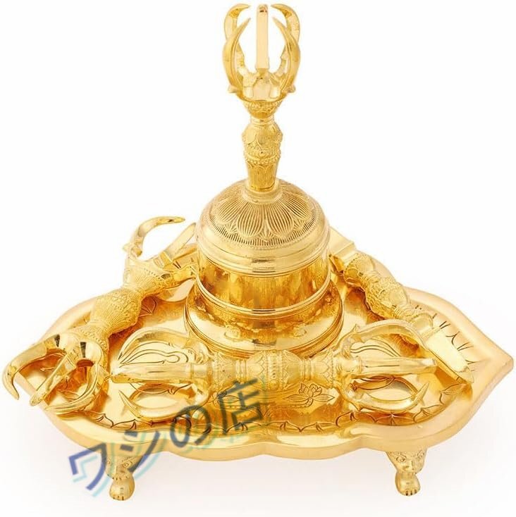 【密教法具】五鈷杵 三鈷杵 独鈷杵 金剛鈴 金剛盤 五点セット 中型 真鍮製 密教で使われる仏具 前具 寺院仏具