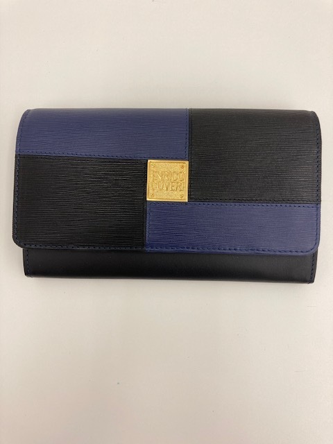 【未使用品】ENRICOCOVERI 本革 レザー オシャレ ブルー ブラック コンビカラー GOLD　財布 ラウンド ジッパー 158