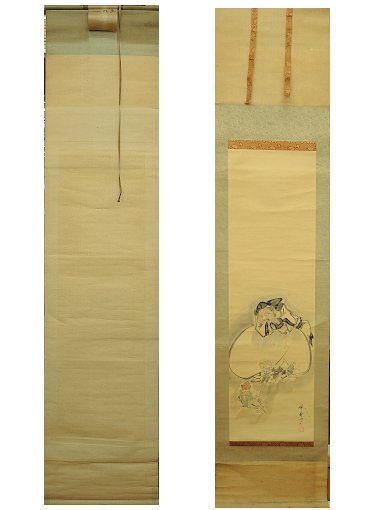 暁雲 大黒鼠 日本画 大黒天 掛軸 掛け軸 紙に彩色 骨牙軸 Japanese Hanging scroll　中古　