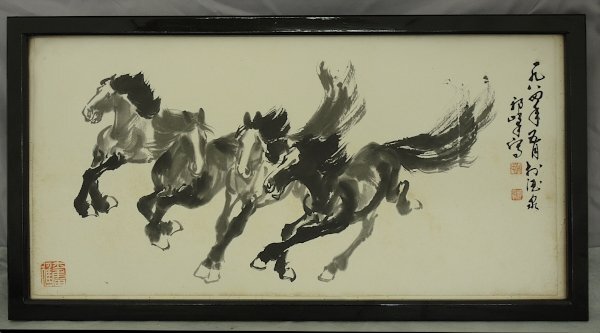 祁峰 四駿図 中国画 1984年5月酒泉 紙に墨彩色 墨絵 水墨画 額入れ 中古　馬