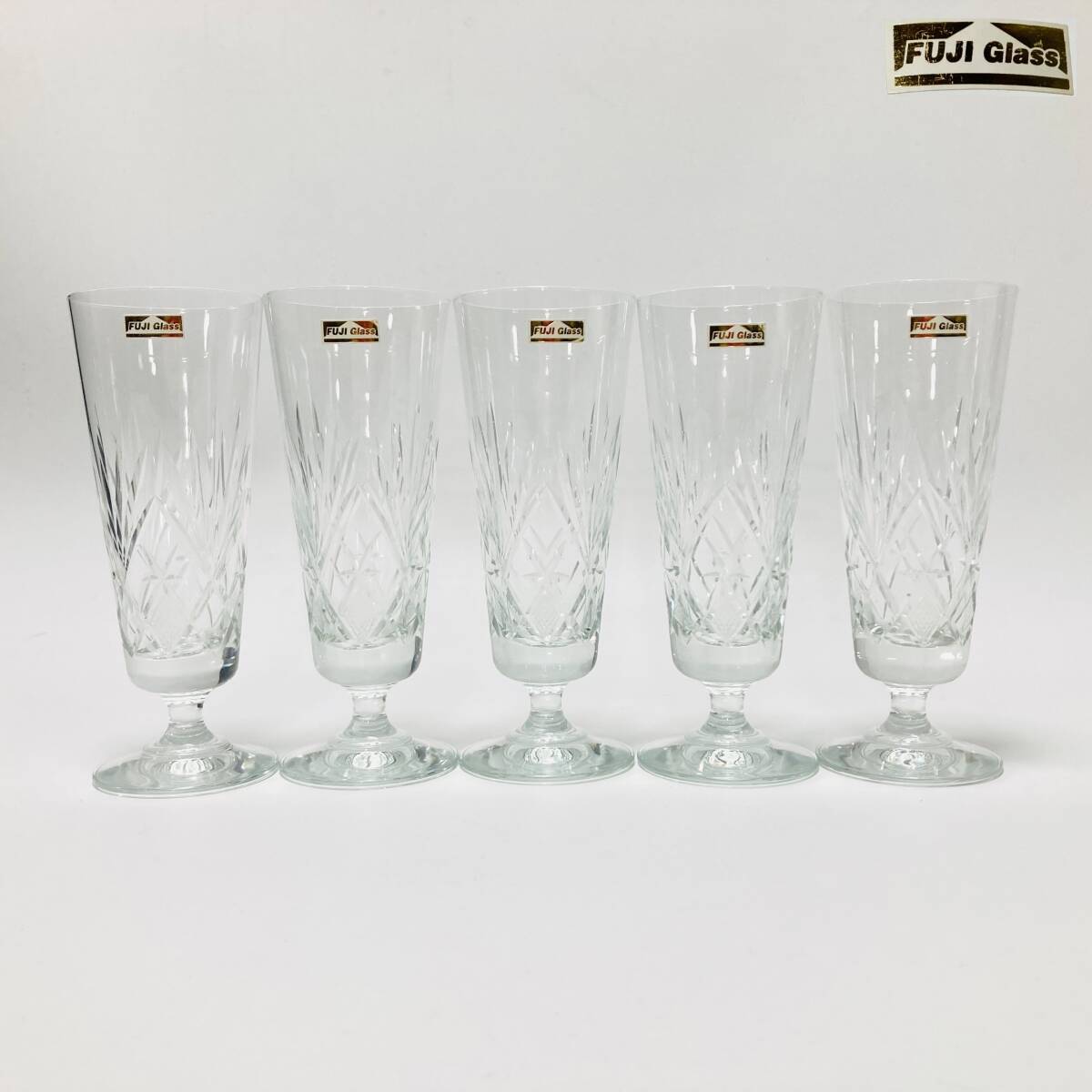 【61557C】未使用　FUJI Glass フジグラス モダンカットピルスナー 脚付きグラス 5客セット 美品 現状品 経年保管品