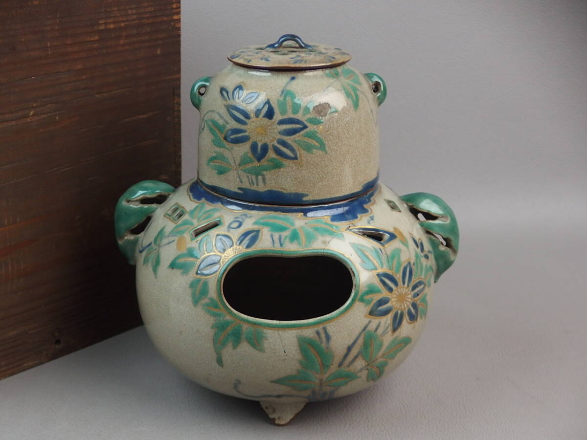【骨董・茶道具】★古い 清水焼 古清水 粟田焼★★色絵鉄仙文風炉釜 丁子風呂 gk104ugl.3 香炉 花文 花道 華道 香道具