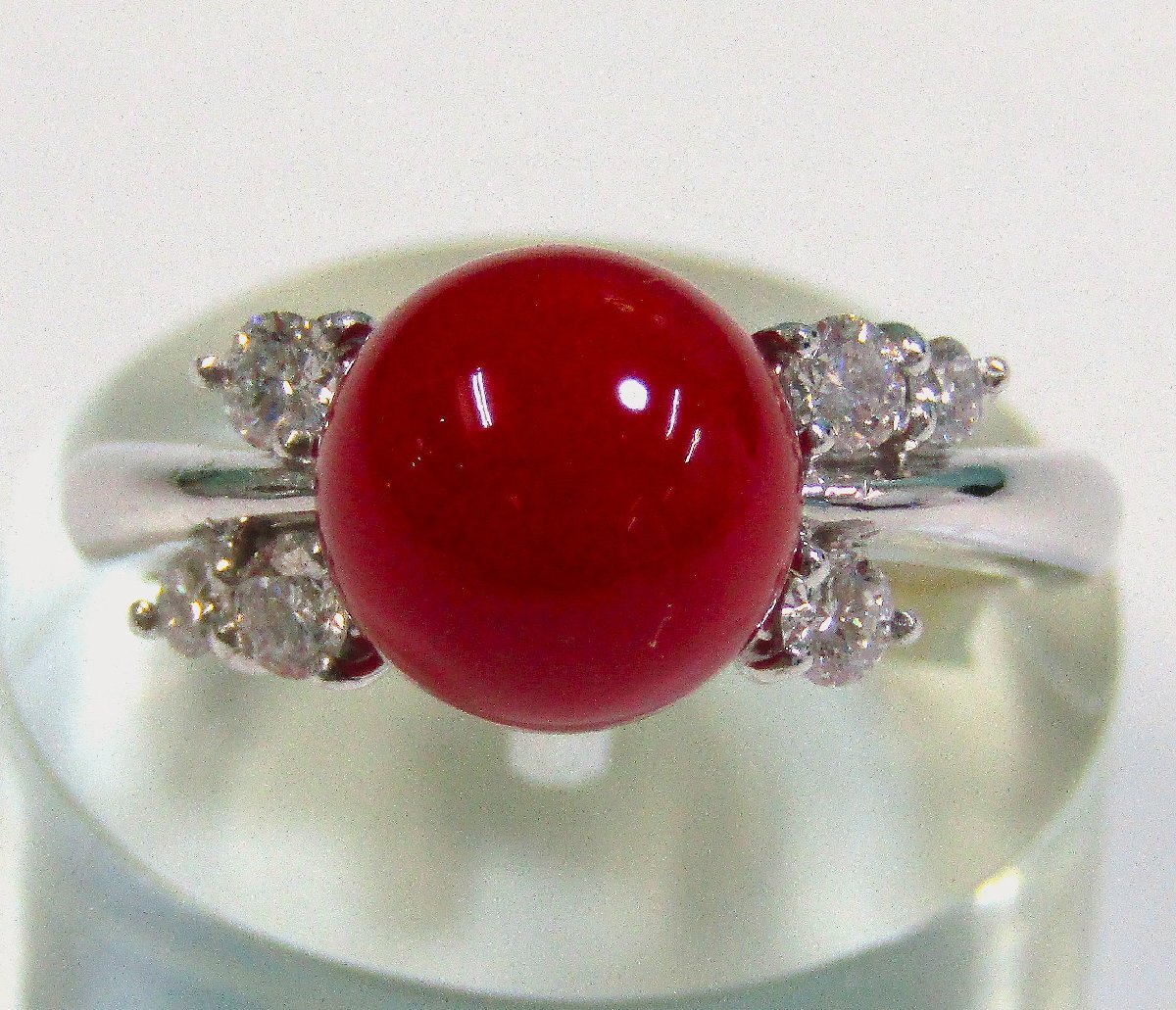 珊瑚 Pt900 9ミリ ダイヤモンド 0.34ct サンゴ コーラル リング 10号 本珊瑚 指輪
