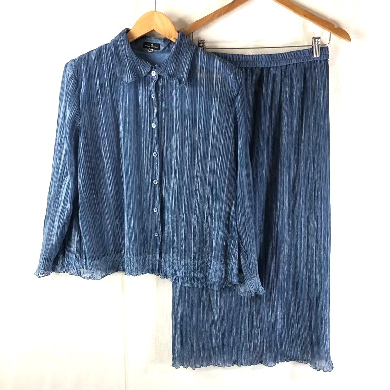 ブルーノピアッテリ BRUNO PIRTTELLI セットアップ ブラウス 肩パット 袖レース シースルー素材 スカート ウエストゴム 裏地付き 青系 946