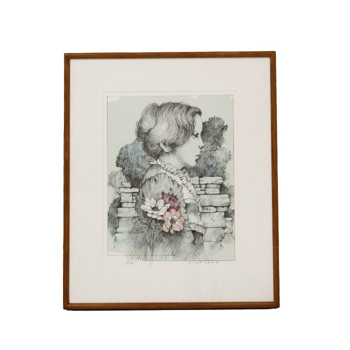 【絵画】石阪春生(いしさかはるお) 「アネモネ 女のいる風景」 人物画 リトグラフ 37/170 インテリア 美術品 額縁 送料880円