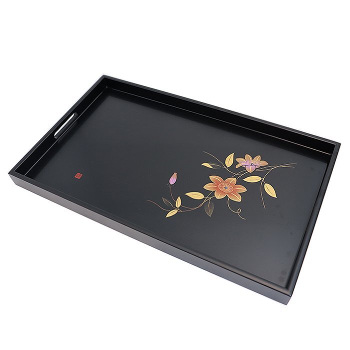 【骨董品】尺七寸長手盆 本金研蒔絵 木製 高級漆器 漆塗り 鉄火花 花柄 ブラック 天然木 カシュー塗装 漆工芸 美術品 箱 送料880円