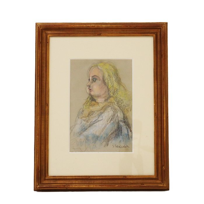 【絵画】高原智子(たかはらさとこ) 「人形」 パステル画 人物画 女の子 美術品 額縁 送料880円