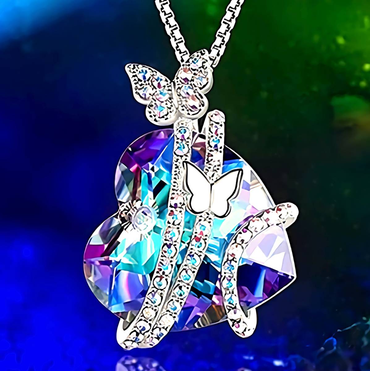 新品★送料無料★紫水晶アメジスト青光ハート蝶虹ダイヤプラチナ仕上925シルバーネックレス誕生日プレゼント旅行春夏海ギフト国内発送