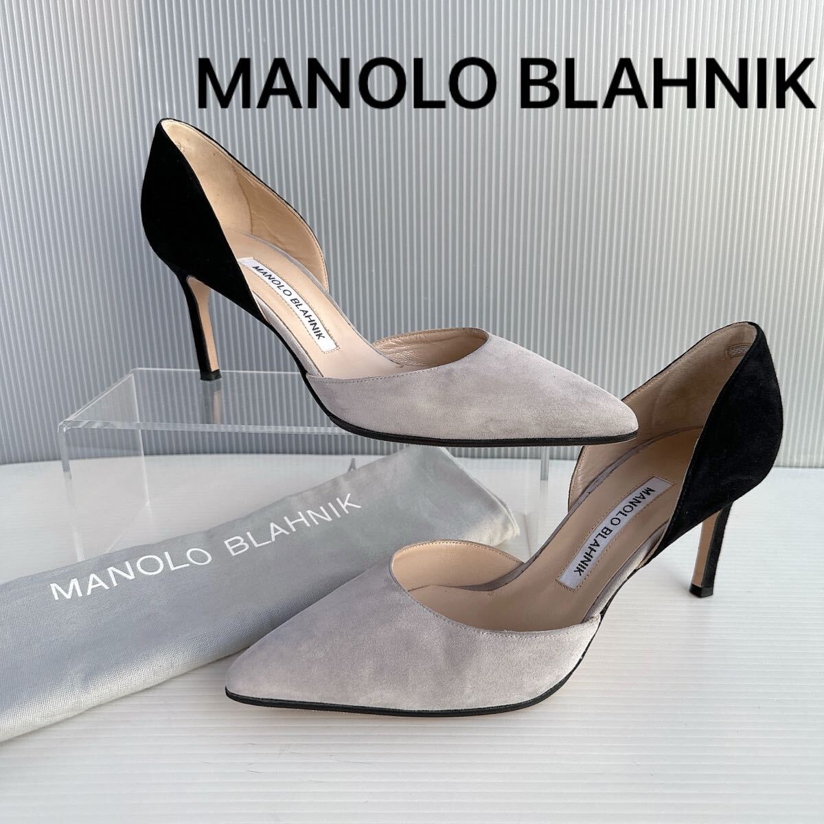 新品　MANOLO BLAHNIK マノロブラニク ハイヒール パンプス サンダル 37.5 スエードレザー 黒 グレー　靴 シューズ レーディス　イタリア製