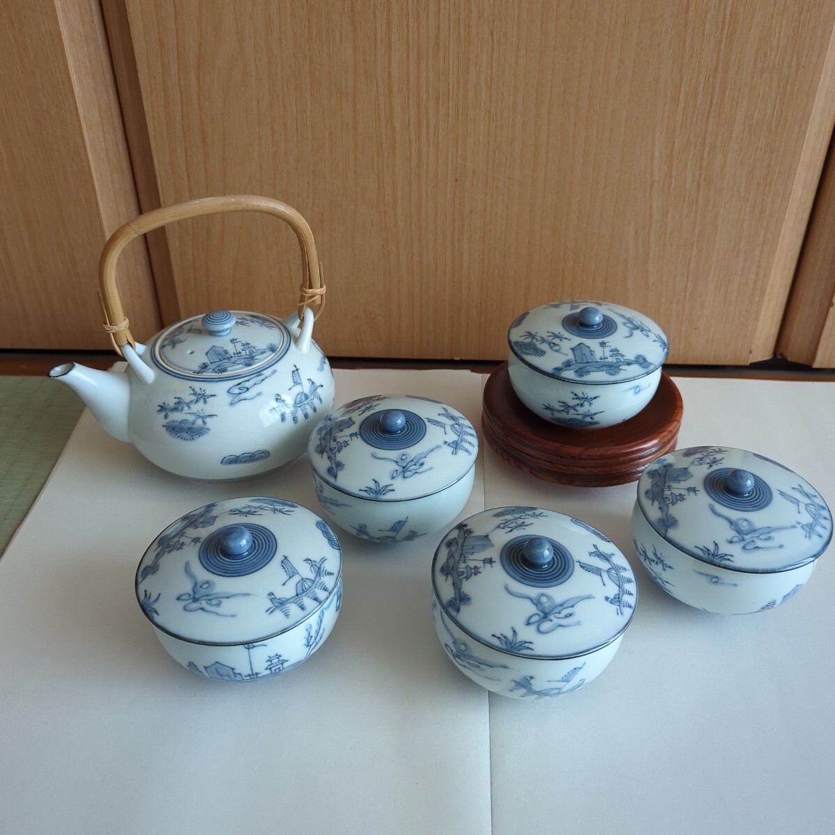 急須　茶器　蓋付き湯呑み　5客セット　茶托　中古品