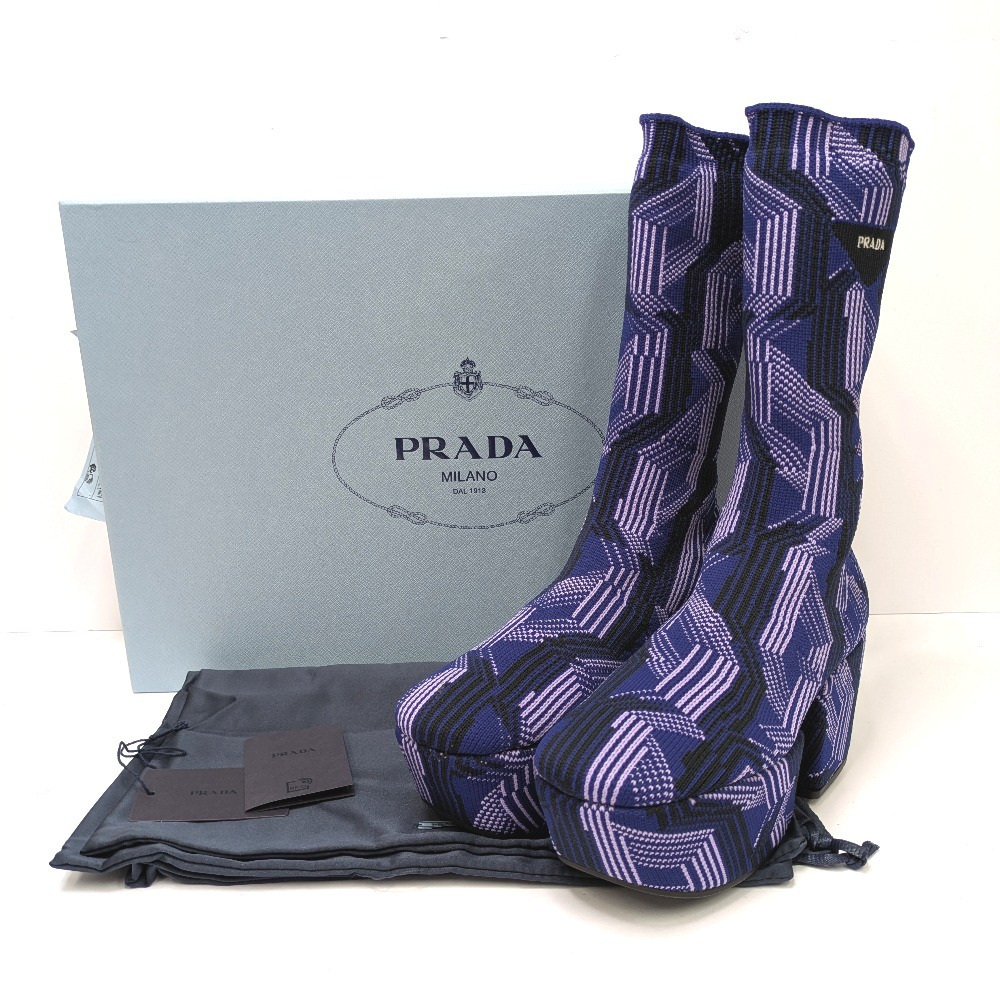 Dz800513 プラダ ブーツ ジャカードニット プラットフォーム アンクルブーツ jacquard argyle 1WP146 パープル レディース PRADA 中古美品