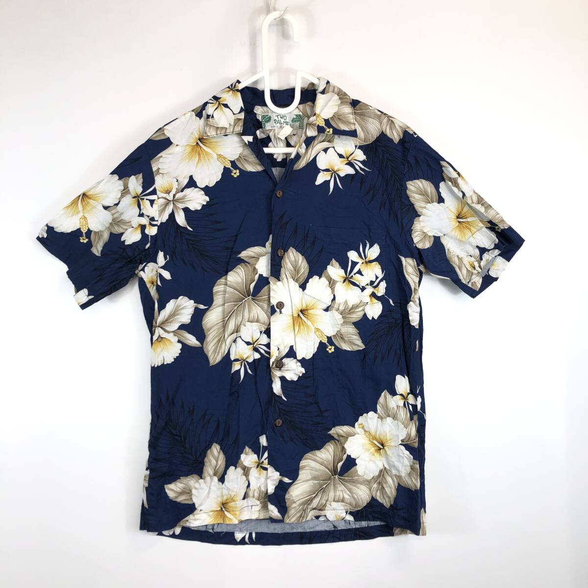 ハワイ製 TWO PALMS コットンアロハシャツ 半袖 Sサイズ 花柄 ダークネイビー