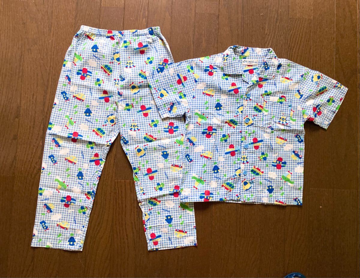 パジャマ ルームウェア 半袖 長ズボン 前開き チェック 乗り物 上下セット ライトブルー 綿100% キッズ 120