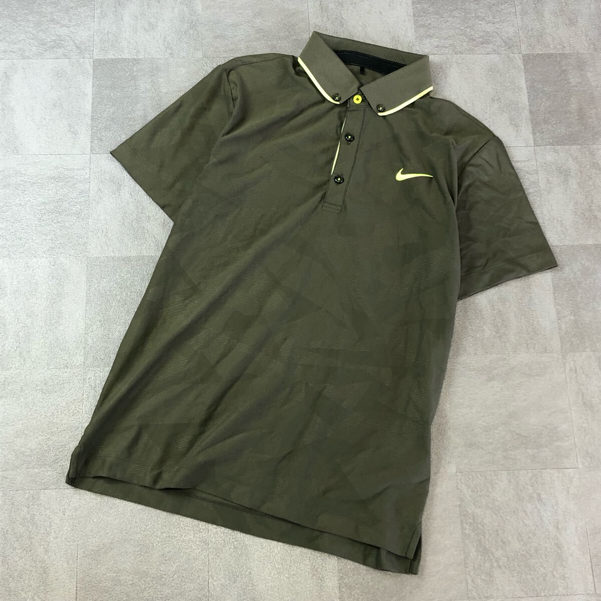 良品　NIKE GOLF ナイキゴルフ　DRI-FIT ライン入ボタンダウン　半袖シャツ　半袖カットソー　ポロシャツ　カーキ　サイズS 古着