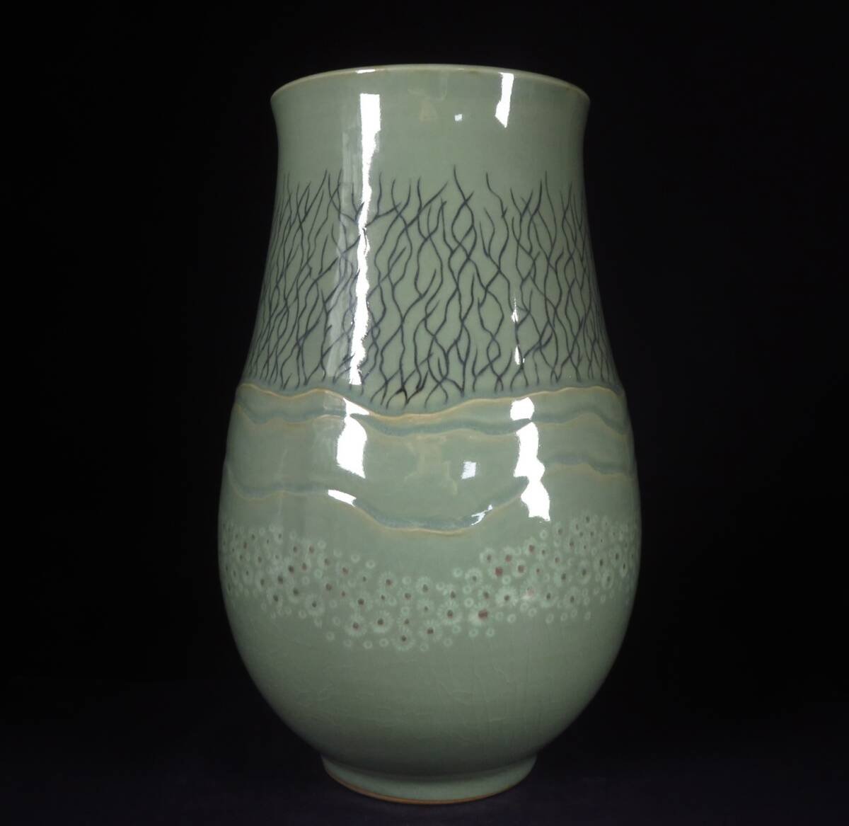 【SAKURAYA】コレクター委託品【韓国國展招待作家 黄鍾九】花瓶 飾壺 壷 高麗青磁 象嵌 花器 花入 作家 在銘 骨董品 古美術品 高さ29cm