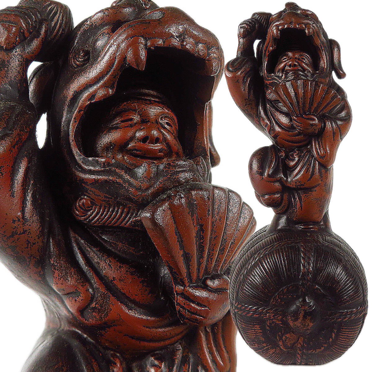 【SAKURAYA】【備前焼 俵乗獅子舞大黒天像 置物】細密彫刻 縁起物 越後獅子 作家 在銘 獅子頭 骨董品 古美術品 古備前焼 26.5cm