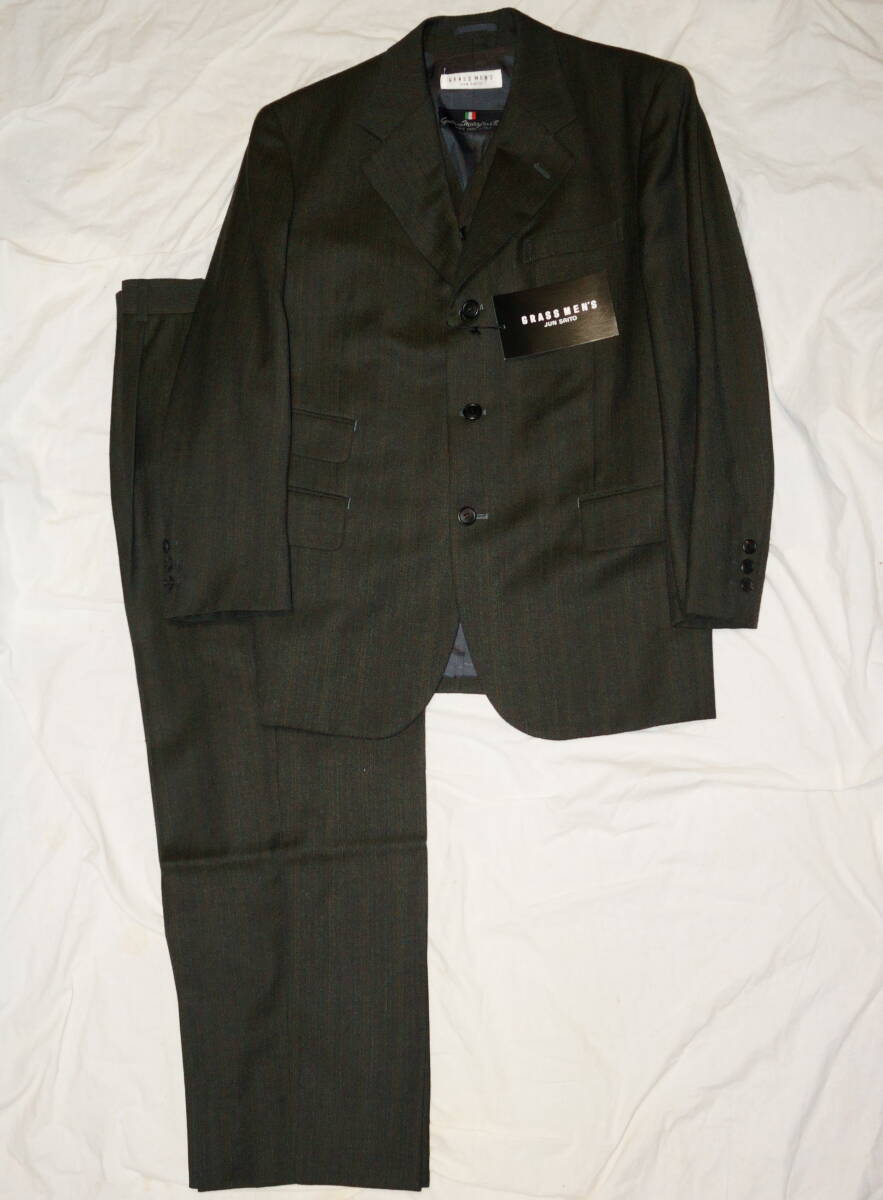 【未使用】 グラスメンズ GRASS MEN'S 3ボタンスーツ 3ピース 茶系 ストライプ ウール イタリア製生地