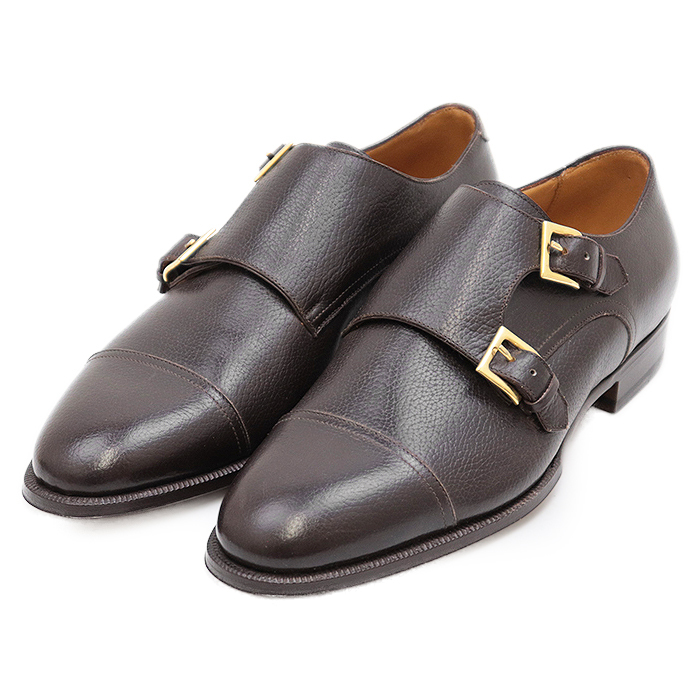 【美品】Enzo Bonafe エンツォ・ボナフェ レザーシューズ ダブルモンク ゴールド金具 レザーソール 革靴 袋付属 メンズ 8 ダークブラウン