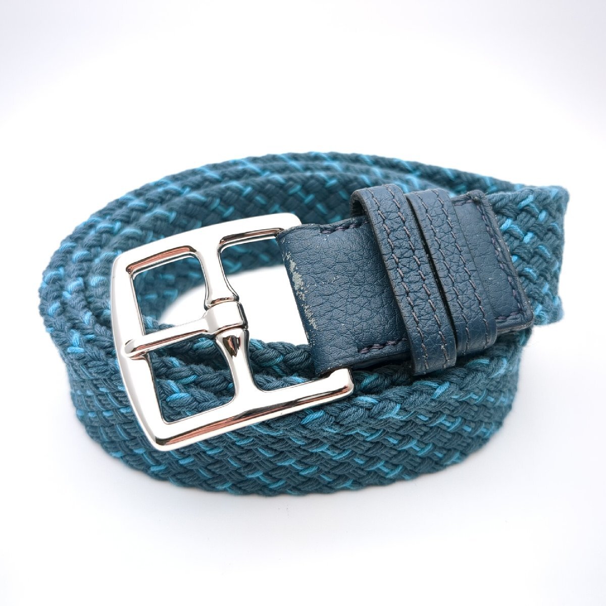  HERMES エルメス エトリヴィエール ベルト メッシュ 編み込み ファブリック テキスタイル グリーン ネイビー シルバー金具