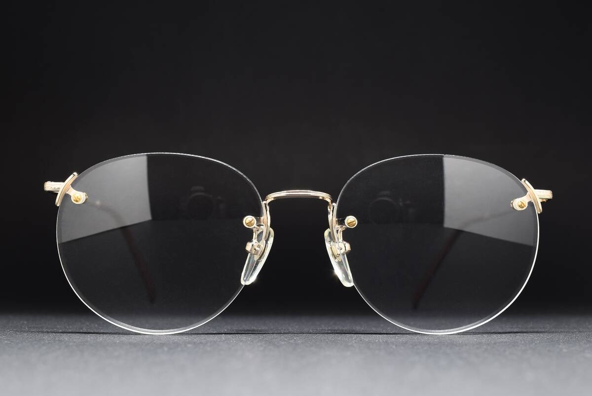デッドストック Mod 326 50-21 Ful-vue ラウンド リムレス メガネ サングラス フレーム ヴィンテージ 彫金模様 ゴールド ふちなし