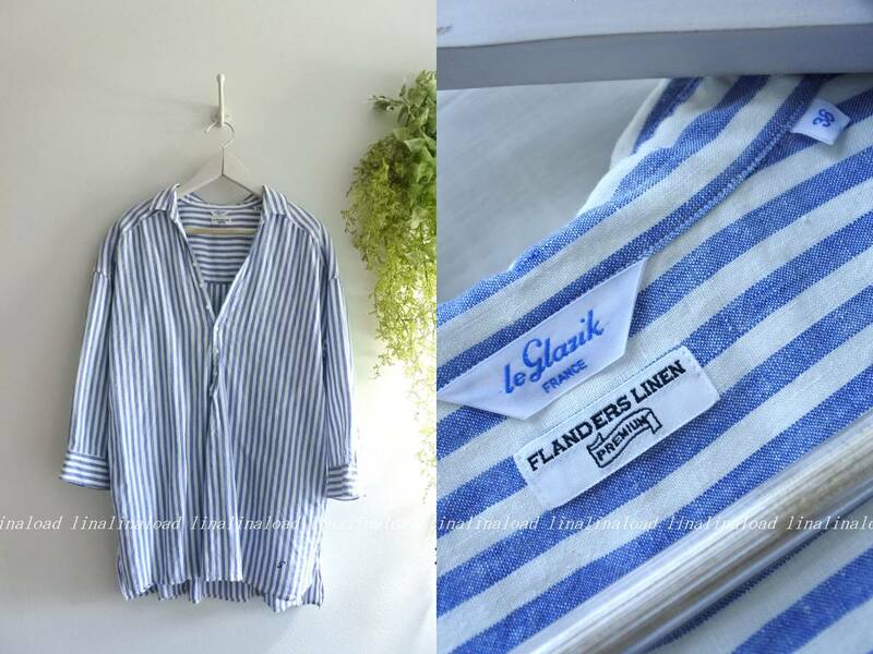 ルグラジック*爽やかな　ストライプ　リネン　スキッパー　シャツ　チュニック　白×青　美品です