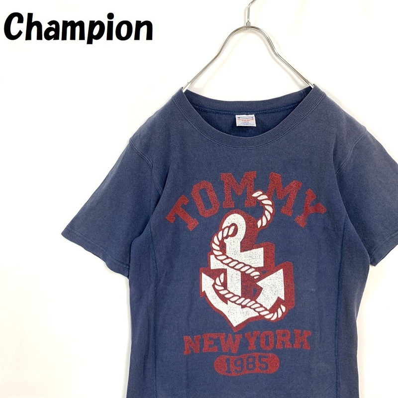 【人気】Champion/チャンピオン リバースウィーブ 半袖Tシャツ 袖ロゴ刺繍 ネイビー サイズLARGE/S95