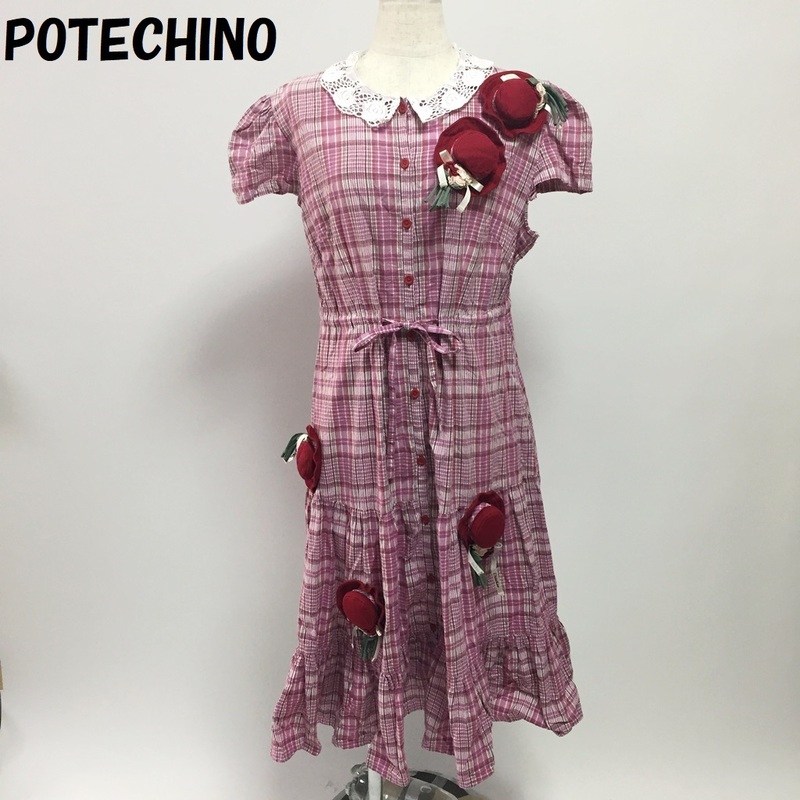 【人気】POTECHINO/ポテチーノ チェック柄 膝丈ワンピース 帽子飾り ピンク レディース/S82
